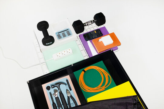 Working and building tools, equipment and stuff on a colourful surface