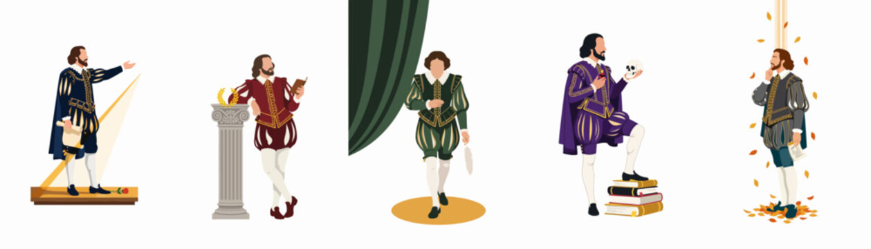 Collection of William Shakespeare character illustrations in various historical poses, including acting on stage, writing with a quill, and holding a skull.