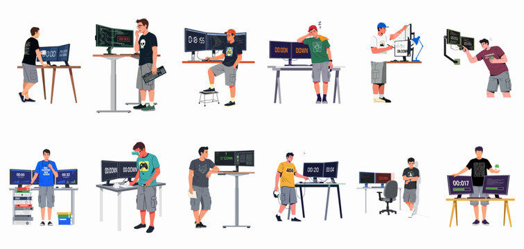 Vector illustration set of a male programmer working at a standing desk, showing various activities, emotions, and technical challenges in a home office.