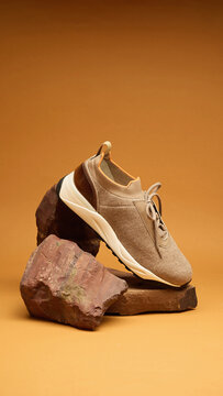 Beige Knit Sneakers on Rock