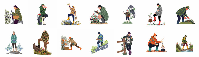 Collection of flat vector illustrations depicting diverse people foraging for wild berries and plants in nature wearing camouflage and outdoor clothing. © Sepuluh