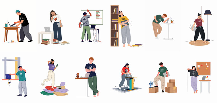 Set of Illustrations Showing Frustrated and Stressed Programmers and Students Dealing with Technical Issues, Debugging, and Work Burnout