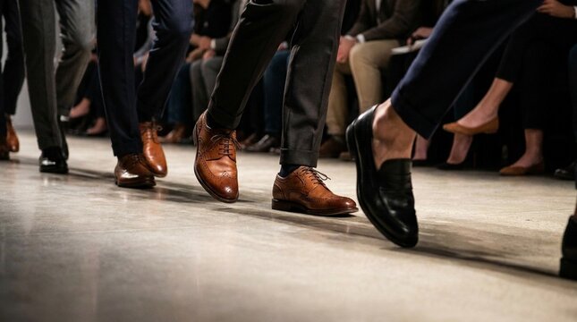 Close view of polished leather dress shoes stepping in unison on a wooden floor, seated audience in background, conveys formal energy and coordinated movement
