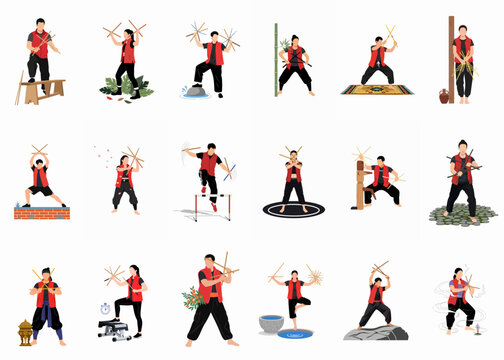 Collection of flat vector illustrations showing diverse people practicing Arnis Filipino martial arts with sticks in various poses and training settings.