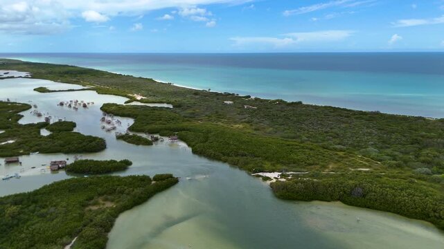 Aerial panoramic view of a dense mangrove lagoon with rustic palapas and water swings next to the ocean in Isla Columpios, Chuburna, Yucatan, Mexico, 4K 60 fs horizontal backwards orbit drone shot