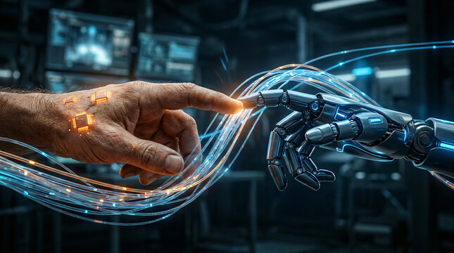A human hand with embedded computer chips making contact with a robotic hand via glowing data cables