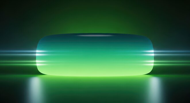 Glowing Green Pill with Light Rays on Dark Background - Abstract Medical Tech Concept