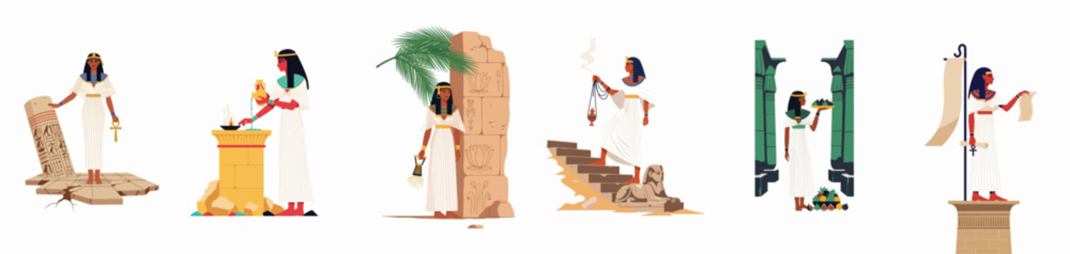 Collection of flat vector illustrations depicting ancient Egyptian priestesses and goddesses in various sacred ritual scenes, including ceremonies, offerings, and historical temple settings.