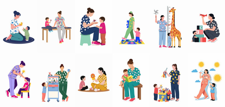 Collection of flat vector illustrations depicting pediatric nurses and healthcare professionals engaging with children through play, developmental assessments, and medical care activities.