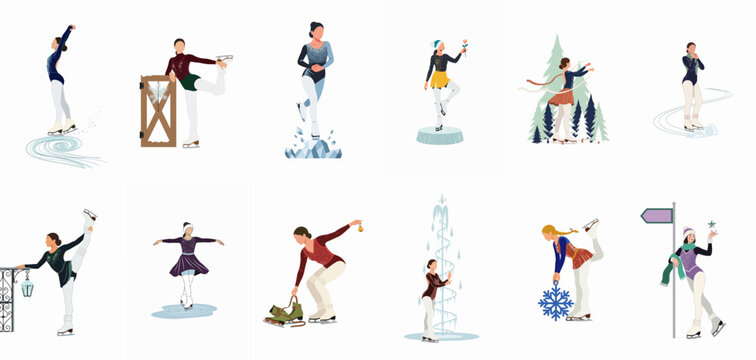Vector illustration collection of elegant female figure skaters in various graceful poses and winter-themed settings, isolated on a white background.