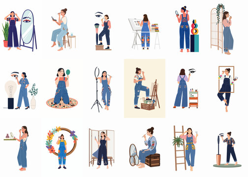 Collection of illustrations featuring women in floral embroidered denim overalls applying eye makeup and grooming eyebrows in various settings.