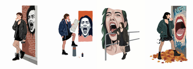 Obraz premium Collection of four vector illustrations of a stylish young woman in alternative punk-rock fashion against urban backgrounds featuring expressive street art and screaming faces.