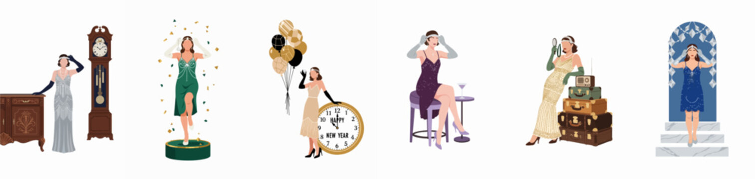 Collection of flat vector illustrations of elegant women in 1920s flapper dresses celebrating New Year's Eve with vintage props and glamorous accessories.