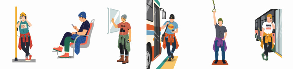 Fototapeta premium Set of diverse young men commuting on public transportation like buses and trains, using smartphones and listening to music.