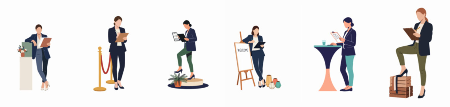 Flat vector illustration set of professional women working as event planners, hostesses, and coordinators at formal gatherings and corporate functions.