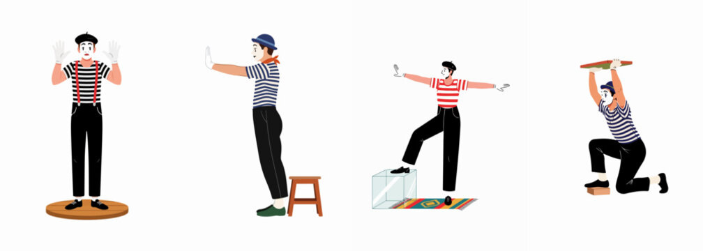 Set of four mime artists in striped shirts and berets performing various classic pantomime acts like pushing a wall and lifting an object