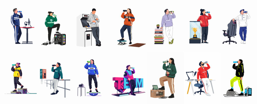 A set of diverse characters in streetwear and tracksuits drinking from bottles while posing with gaming equipment, flat vector illustration on white background.