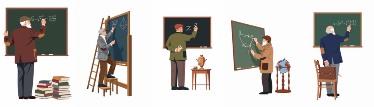 Set of illustrations featuring an elderly male professor writing complex mathematical and geometric equations on a chalkboard in various academic settings.