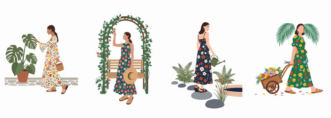 Naklejka premium Illustrations of women in floral dresses enjoying gardening activities, featuring potted plants, flower arches, watering cans, and flower wheelbarrows.