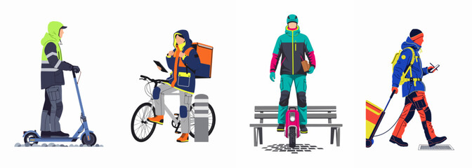 Diverse set of delivery courier characters using various transport modes including electric scooter, bicycle, monowheel, and walking, isolated on white background. © Neem