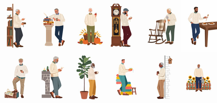 Set of diverse men in cozy cable-knit sweaters engaged in various lifestyle activities such as gardening, reading, traveling, and celebrating autumn.