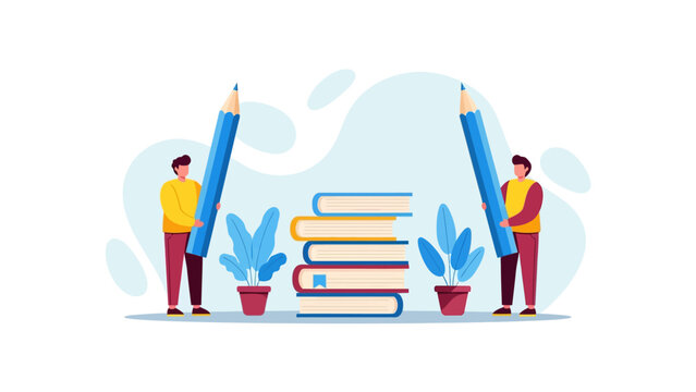 Creative Education Concept featuring two men holding giant pencils beside a stack of books and blue plants, ideal for educational blogs and e-learning platforms.