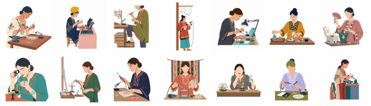 A collection of illustrations showing women in traditional attire crafting and creating handmade jewelry using various professional tools and techniques.