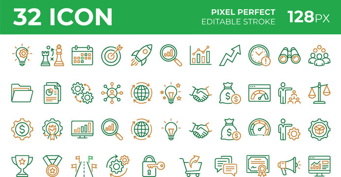 Business Strategy Icon Set With Editable Stroke Line Symbols For Marketing Growth Finance And Corporate Planning