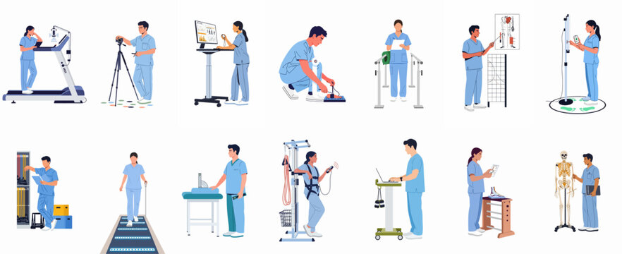 Flat vector illustrations of healthcare professionals using various diagnostic and rehabilitation equipment for gait analysis and physiotherapy in a clinical setting.