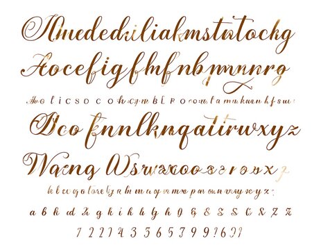 Elegant script font sample, showing upper and lowercase letters, numbers and symbols