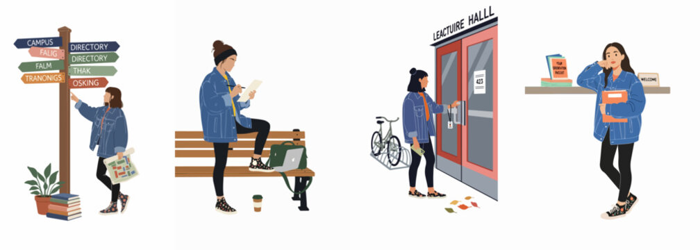 Flat illustration set depicting a female student's campus life journey, from navigating with maps to attending orientation and studying outdoors on a bench.