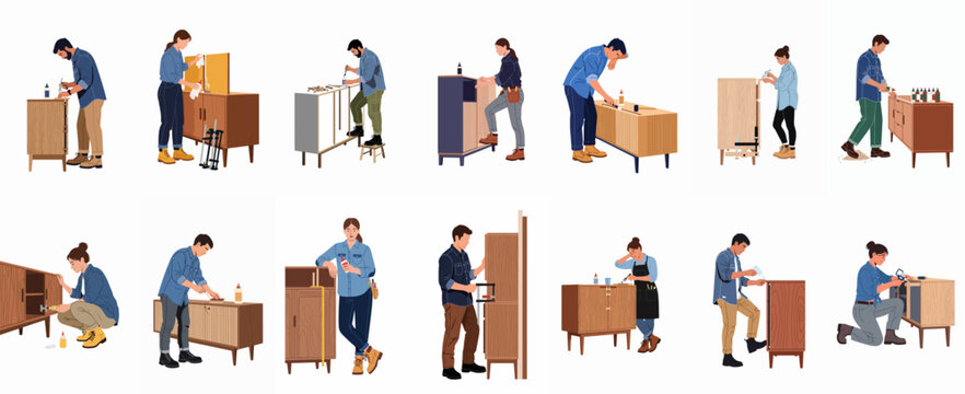 A set of flat illustrations depicting various people engaged in furniture restoration, woodworking, and DIY home improvement projects with tools.