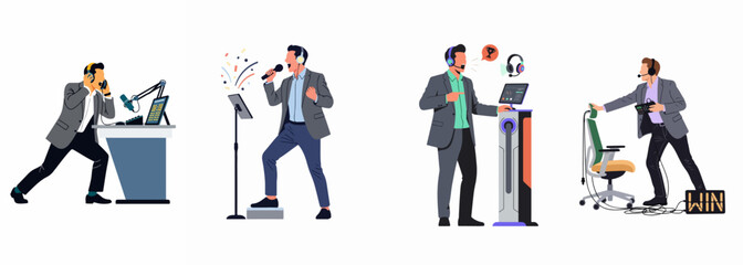 Collection of professional commentators and broadcasters in flat vector style for radio, sports, and e-sports industries. © Neem