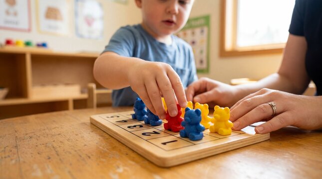 Child practicing early math skills with colorful counting bears on wooden board in preschool or montessori setting