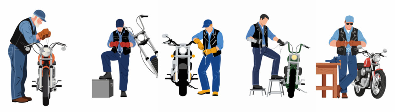 Set of vector illustrations depicting male bikers and mechanics with motorcycles, some holding rosary beads, representing faith and the motorcycle culture.