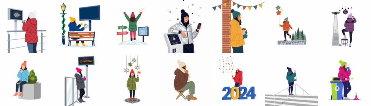 Flat illustration collection of people in winter clothing celebrating New Year's Eve outdoors with countdowns, sparklers, and festive activities.