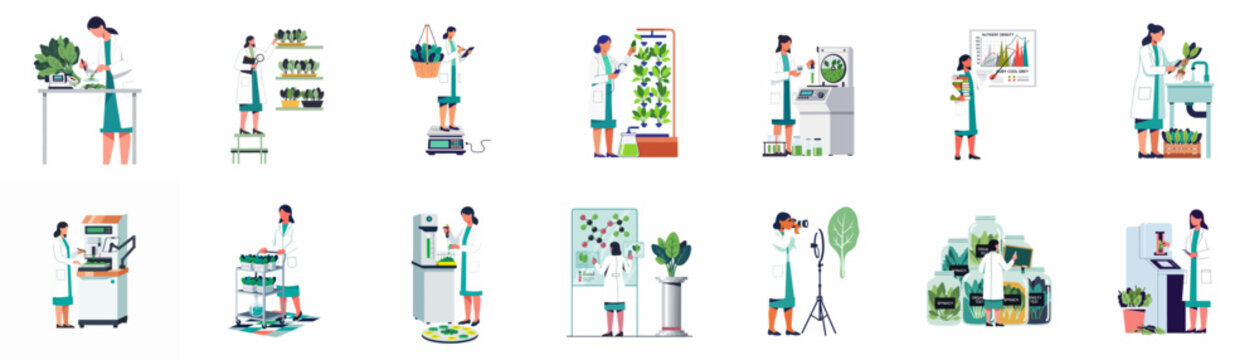 Collection of female scientists working in a modern agricultural laboratory on plant research, biotechnology, and food quality testing.