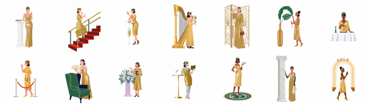 Collection of elegant Art Deco illustrations depicting glamorous women in golden evening gowns at a luxury gala event or vintage 1920s style party.
