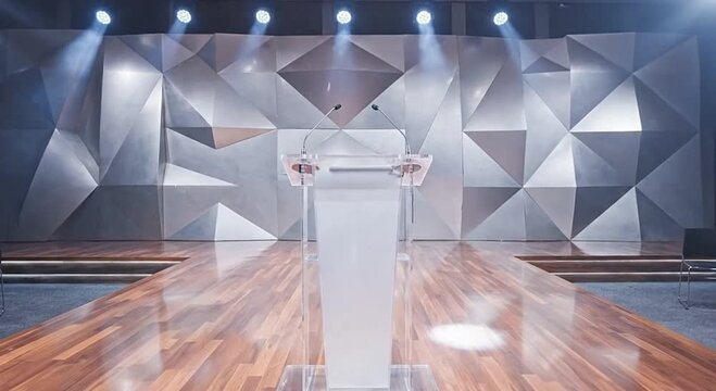 Empty modern conference stage with a podium and microphones illuminated by spotlights in an auditorium with rows of unoccupied chairs
