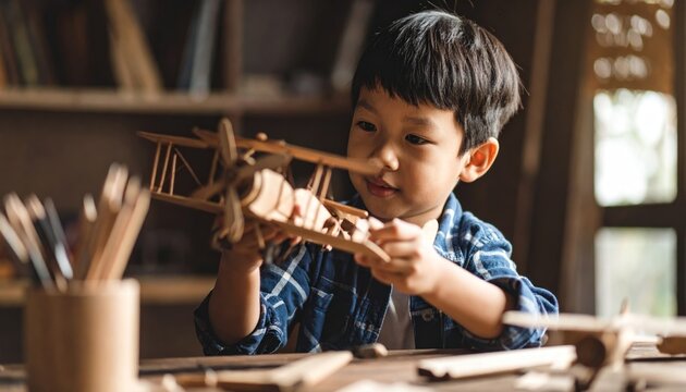 Young Asian boy playing with wooden model airplane, focused on handcrafted toy. Child learning and developing engineering skills in home workshop.