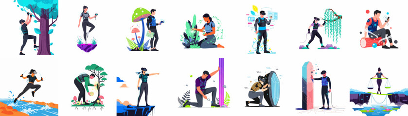 Fototapeta premium Futuristic people wearing haptic suits and VR headsets interacting with virtual environments, conducting research, and exploring diverse digital landscapes in a vector illustration set.