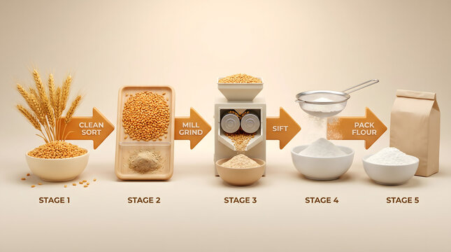 3d infographic diagram showing the five stages of flour production from wheat harvesting to milling and final packaging in a clean minimalist style for education