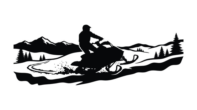 Bold black silhouette of a snowmobile rider carving through deep powder snow in a jagged mountain landscape created in a clean minimalist vector graphic art style