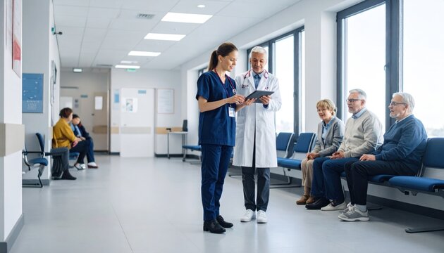 Doctor and Nurse Discussing Medical Information on Digital Tablet in Modern Hospital Waiting Room with Senior Patients