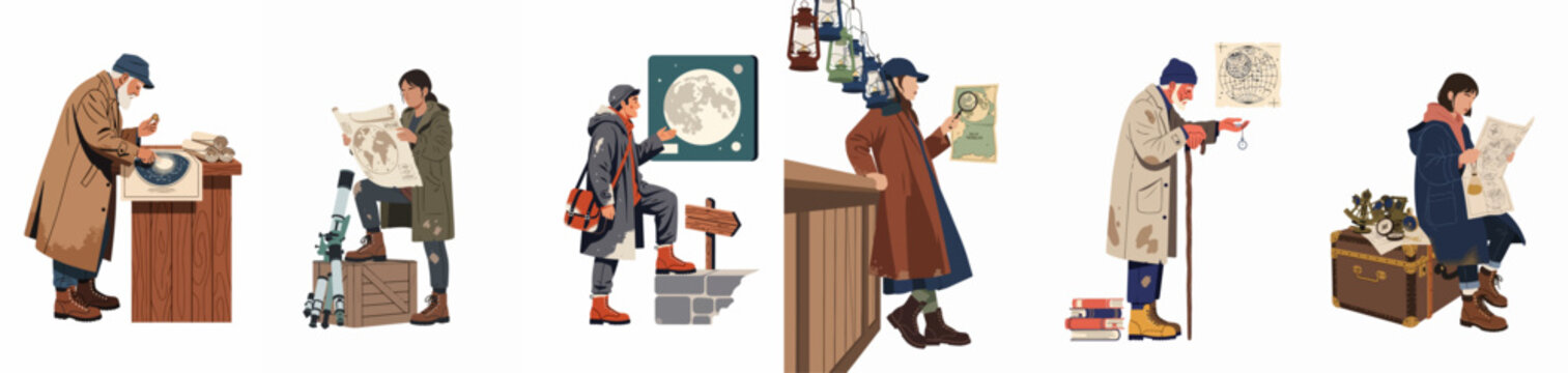 Collection of explorers and researchers examining maps, star charts, and celestial bodies in various vintage settings for discovery and navigation.