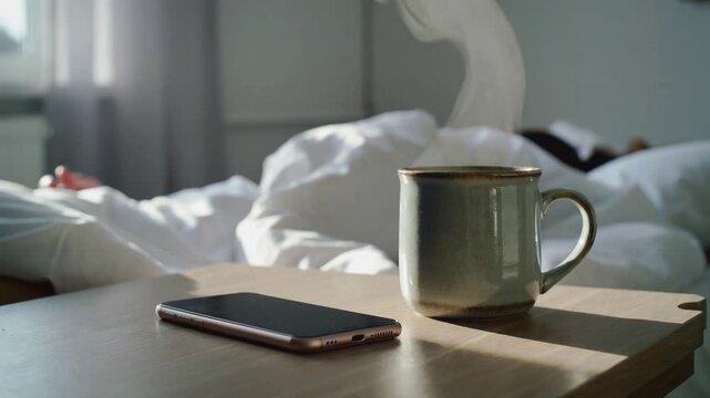 Morning wellness routine avoiding early screen time phone face down