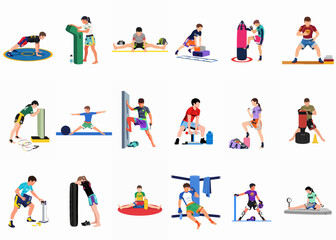 Fototapeta premium Collection of diverse people engaged in various fitness, martial arts, and athletic training exercises in a flat illustration style.