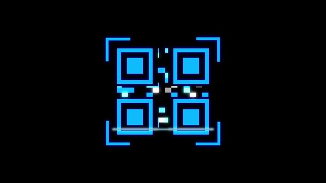 Blue futuristic QR code scanner interface with digital elements on a black background Keywords: QR code, scanner, interface, futuristic, technology, digital, scan, code, data, information