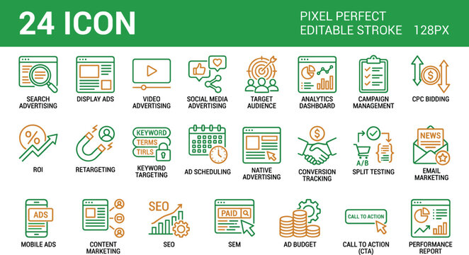Digital Advertising Editable Stroke Icon Set with Campaign Analytics SEO Display Ads and Marketing Performance Symbols