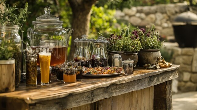 Rustic outdoor bar with herbal infusions and snacks, stone wall and grill in background